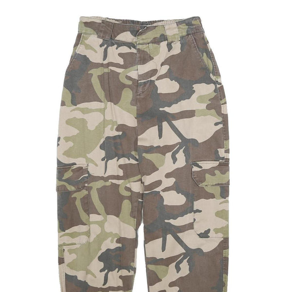 PULL & BEAR Womens Cotton Blend Camo Regular Cargo Trousers W26 L28 Elastic Hem