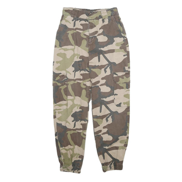 PULL & BEAR Womens Cotton Blend Camo Regular Cargo Trousers W26 L28 Elastic Hem