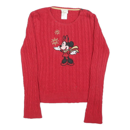 DISNEY Girls Red Patterned Jumper Round Neck Cable Knit L Minnie Mouse Cotton