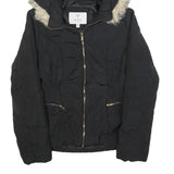 GUESS Womens Black Puffer Jacket L Polyester Hooded Zip Winter Coat Warm