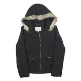 GUESS Womens Black Puffer Jacket L Polyester Hooded Zip Winter Coat Warm