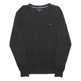 TOMMY HILFIGER Mens Black Plain V-Neck Basic Knit Jumper L Cotton Blend Pullover