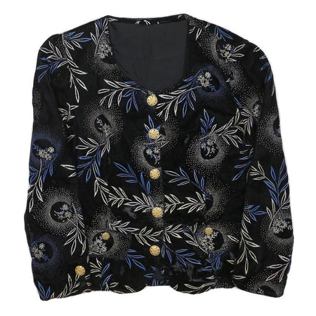 Womens Black & Blue Floral Button Jacket S Polyester Blend Elegant Patterned