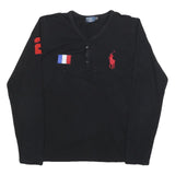 POLO RALPH LAUREN Womens Black & Red Graphic T-Shirt L Long Sleeve V-Neck Button