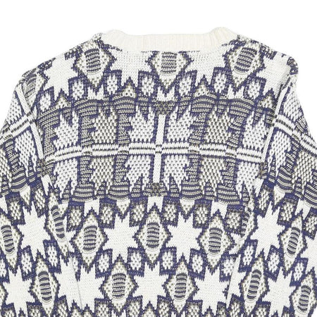 GOLDEN PYRAMID Womens White & Navy Patterned Cotton Jumper Crew Neck Regular L