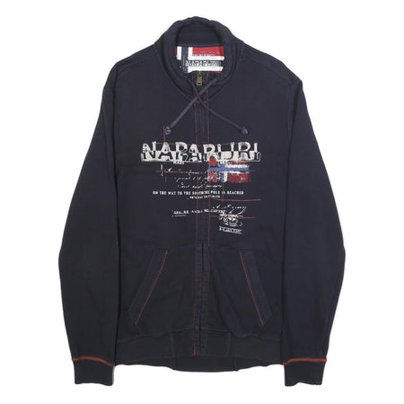 NAPAPIJRI Mens Navy Blue Cotton Zip Jacket L Logo Print Casual Outerwear