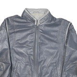 Mens Grey Leather Motorcycle Jacket S Plain Zip Closure Stand-Up Collar Classic