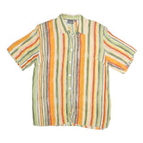 LINEAV Womens Yellow & Green Striped Shirt Short Sleeve Button Neck L Casual