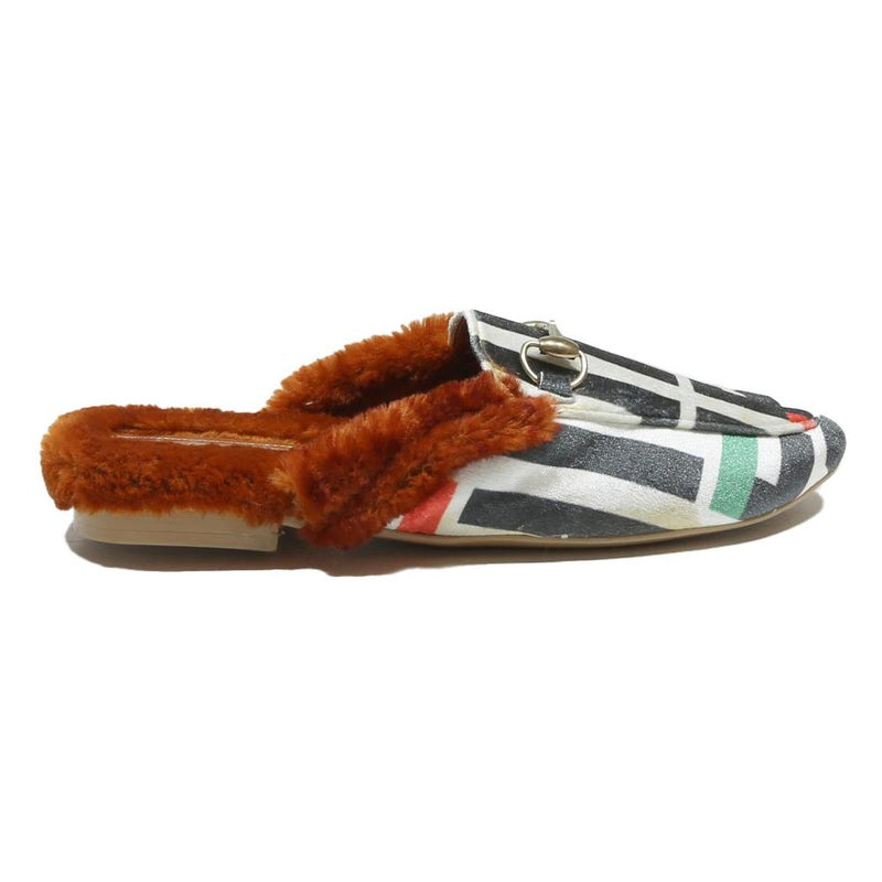 FENDI Logo Print Womens Fur Trim Slip On Mules Synthetic UK 6 Designer Footwear