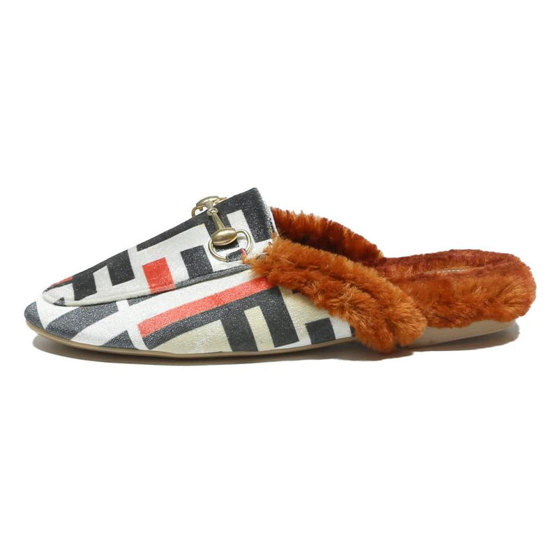 FENDI Logo Print Womens Fur Trim Slip On Mules Synthetic UK 6 Designer Footwear