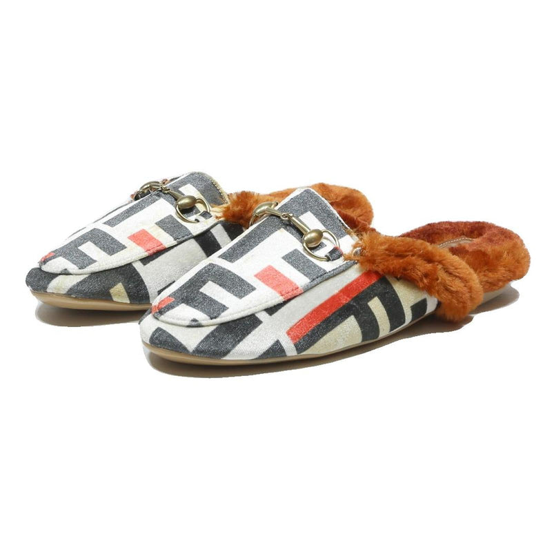 FENDI Logo Print Womens Fur Trim Slip On Mules Synthetic UK 6 Designer Footwear
