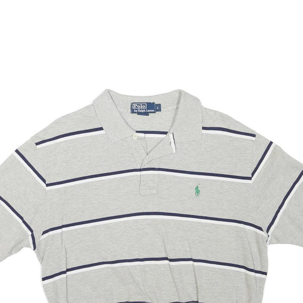 POLO RALPH LAUREN Womens Grey & Navy Striped Short Sleeve Polo Shirt L Crop
