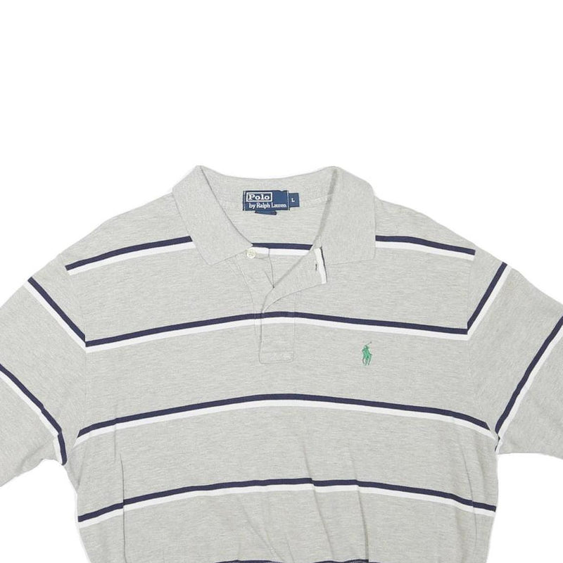POLO RALPH LAUREN Womens Grey & Navy Striped Short Sleeve Polo Shirt L Crop