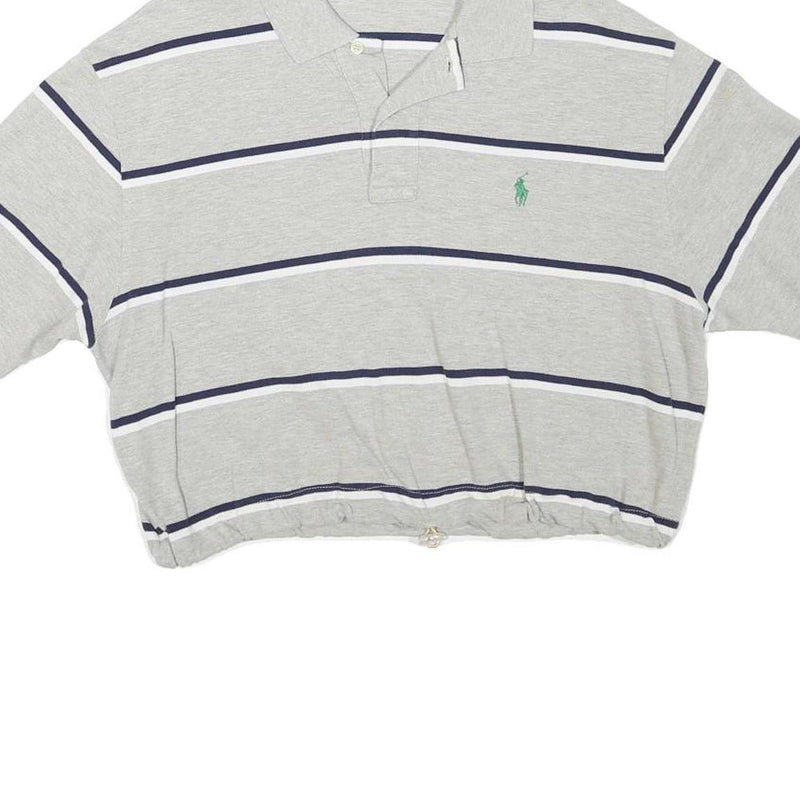 POLO RALPH LAUREN Womens Grey & Navy Striped Short Sleeve Polo Shirt L Crop