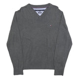 TOMMY HILFIGER Mens Grey Plain Cotton Blend Jumper V-Neck Basic Knit M Classic