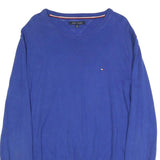 TOMMY HILFIGER Mens Blue Plain Crew Neck Basic Knit Jumper L Casual Cotton