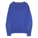 TOMMY HILFIGER Mens Blue Plain Crew Neck Basic Knit Jumper L Casual Cotton