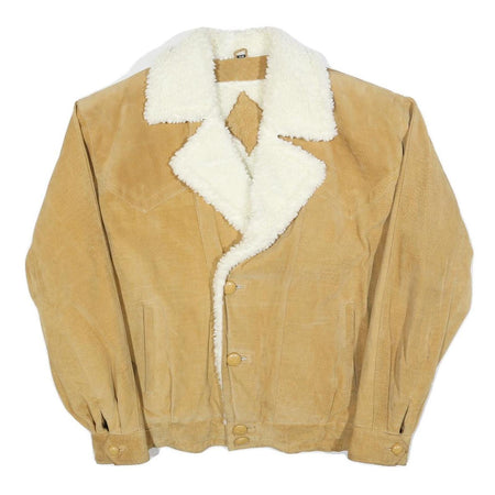 VELLION Mens Beige Leather Jacket M Suede Button Closure Sherpa Collar