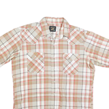 Mens Beige & Red Plaid Cotton Shirt L Button Short Sleeve Casual Summer Wear