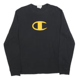 CHAMPION Mens Black Graphic T-Shirt M Long Sleeve Crew Neck Cotton Blend Logo