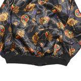FLOSPORT Womens Black Satin Bomber Jacket L Polyester Blend Zip Baroque Print