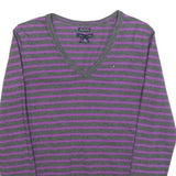 TOMMY HILFIGER Womens Grey & Purple Striped Patterned V-Neck Basic Knit Jumper M
