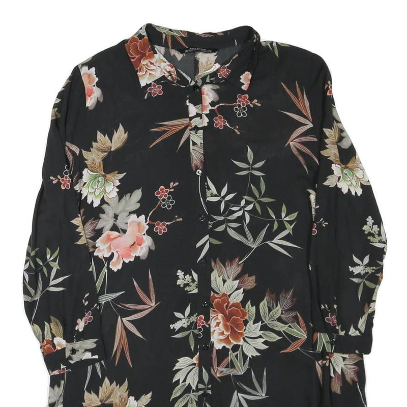 ZARA Womens Black Floral Shirt Long Sleeve Collared M Cotton Blend Lightweight