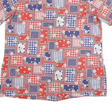 Womens Red Blue White Patchwork Pattern Shirt M Short Sleeve Button Front