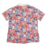 Womens Red Blue White Patchwork Pattern Shirt M Short Sleeve Button Front