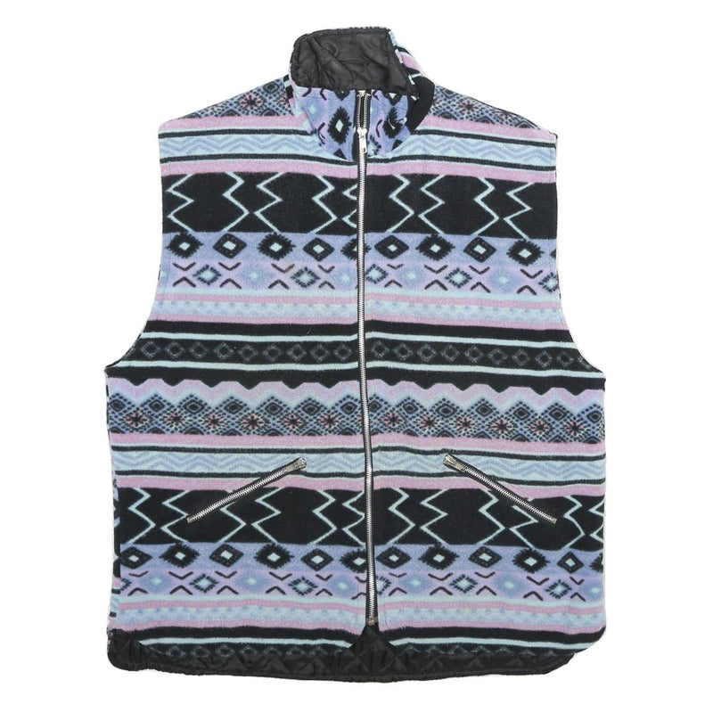 Mens Blue Black & Purple Patterned Quilted Zip Jacket M Polyester Casual Warm