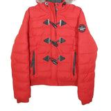 SUPERDRY Womens Red Hooded Puffer Jacket S Polyester Blend Zip Faux Fur Trim