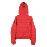SUPERDRY Womens Red Hooded Puffer Jacket S Polyester Blend Zip Faux Fur Trim