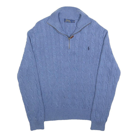POLO RALPH LAUREN Mens Blue Cable Knit Half Zip Jumper L Cotton Classic