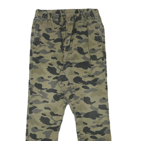 H&M Mens Cotton Blend Green Camouflage Relaxed Tapered Trousers W28 L28