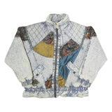 WEATHERED BLUES Womens Blue Patchwork Zip Cotton Blend Jacket L Artistic Pattern