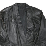 Womens Black Leather Button Jacket L Woven Plain Stylish Comfortable Relaxed Fit