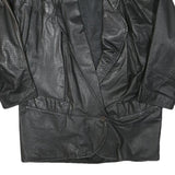 Womens Black Leather Button Jacket L Woven Plain Stylish Comfortable Relaxed Fit