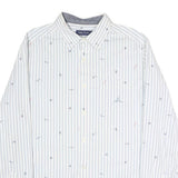 NAUTICA Mens White & Blue Striped Cotton Blend Shirt M Nautical Embroidery