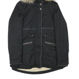 ZARA Womens Black & Beige Faux Fur Hood Parka Jacket XS Polyester Blend Zip