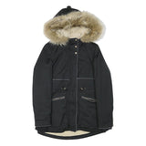 ZARA Womens Black & Beige Faux Fur Hood Parka Jacket XS Polyester Blend Zip