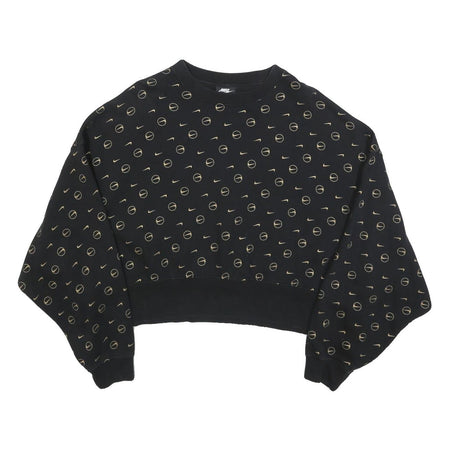 NIKE Womens Black Crew Neck M Cotton Blend Sweatshirt Logo Print Cropped
