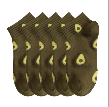 Anyfootwear 5 Pairs One Size 5-9 Brown Spring Summer Cotton Avocado Design Breathable Ankle Socks Casual School Girl Socks For Women