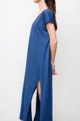 Maxi V Neck Dress - Organic Cotton - Blue