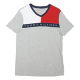 TOMMY HILFIGER Mens Grey White & Red Colour Block T-Shirt XS Short Sleeve V-Neck