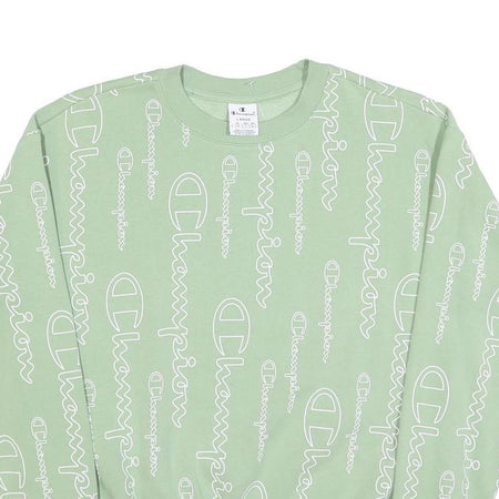 CHAMPION Womens Green Pullover L All Over Logo Print Crew Neck Sweatshirt