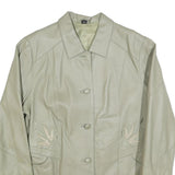 Womens Cream Leather Button Jacket UK 18 Plain Floral Embroidered Detail