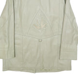 Womens Cream Leather Button Jacket UK 18 Plain Floral Embroidered Detail