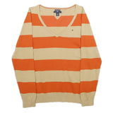 TOMMY HILFIGER Womens Orange & Beige Striped Plain V-Neck Basic Knit Jumper L