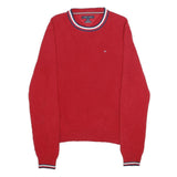 TOMMY HILFIGER Mens Red Plain Crew Neck Basic Knit Jumper M Cotton Comfort