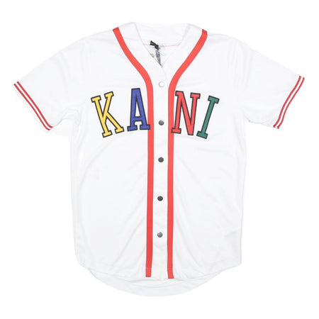 KARL KANI Mens White Red KANI Graphic T-Shirt S Short Sleeve V-Neck Button